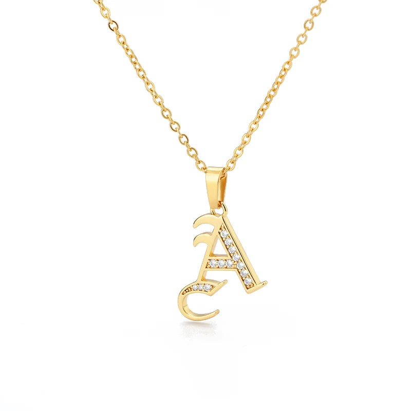 Gothic Zircon Old English Initial Necklace – A–Z Crystal Letter Pendant on Stainless Steel Chain - Image 7