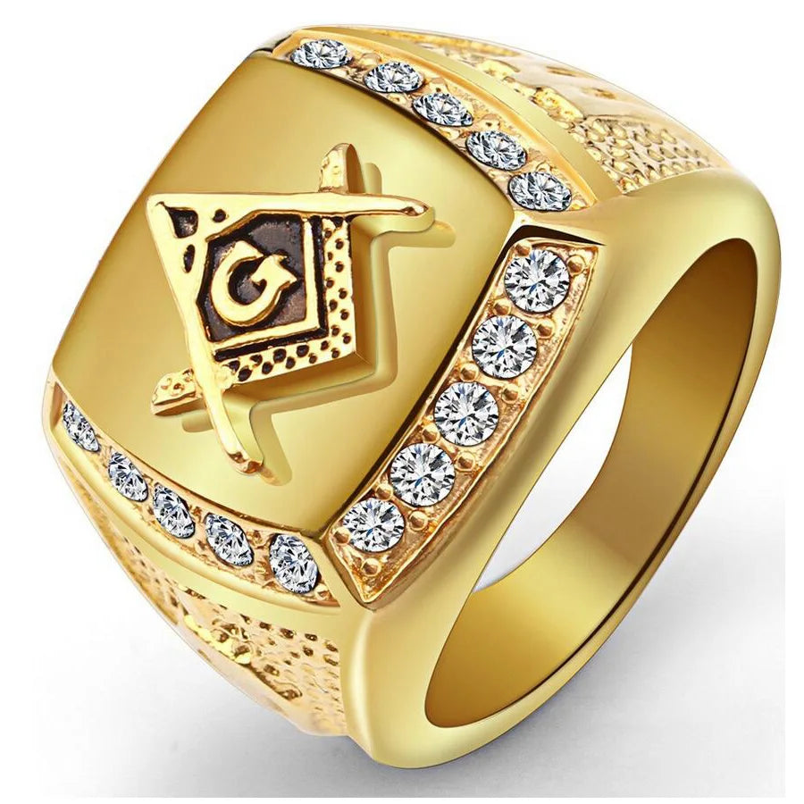 316L Stainless Steel Freemason Ring – Gold Color Hip Hop Iced Out Masonic Jewelry for Men