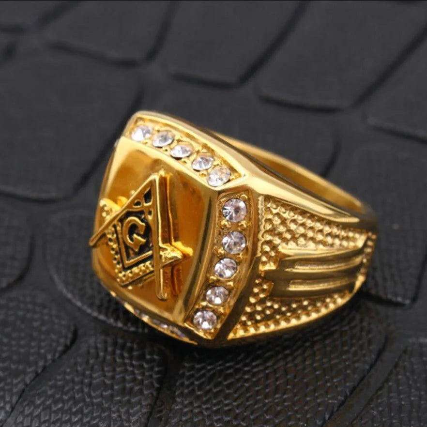 316L Stainless Steel Freemason Ring – Gold Color Hip Hop Iced Out Masonic Jewelry for Men - Image 4