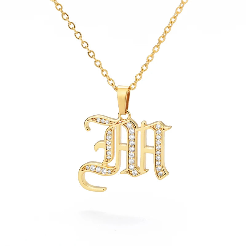 Gothic Zircon Old English Initial Necklace – A–Z Crystal Letter Pendant on Stainless Steel Chain - Image 9