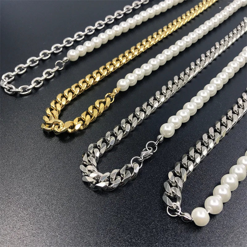 Half Pearl Half Cuban Chain Necklace – Hip-Hop Punk Choker for Men & Women - Image 5