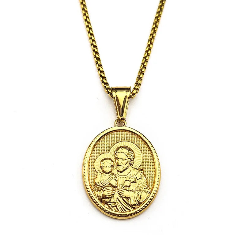 Saint Joseph Religious Medal Necklace – Gold Color Stainless Steel Christian Amulet for Men & Women - Image 3