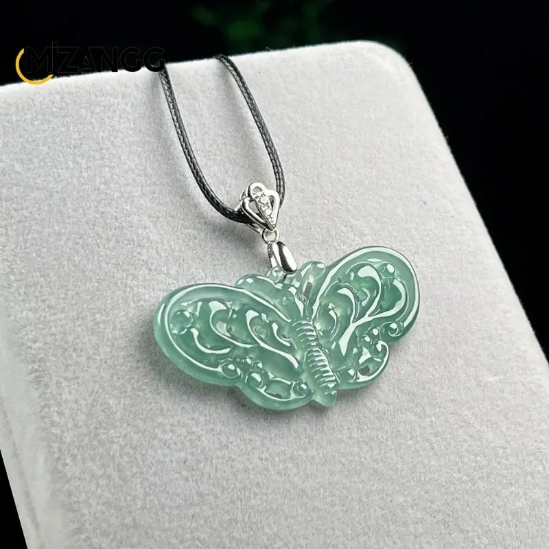 Natural 925 Silver Inlaid Jadeite Butterfly Pendant – Ice Blue Women's Necklace with Hollow Design