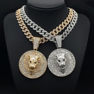 Hip Hop Big Lion Head Pendant Cuban Chain Necklace – Iced Out Rhinestone Jewelry for Men & Women
