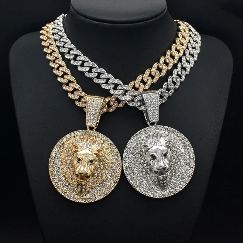 Hip Hop Big Lion Head Pendant Cuban Chain Necklace – Iced Out Rhinestone Jewelry for Men & Women