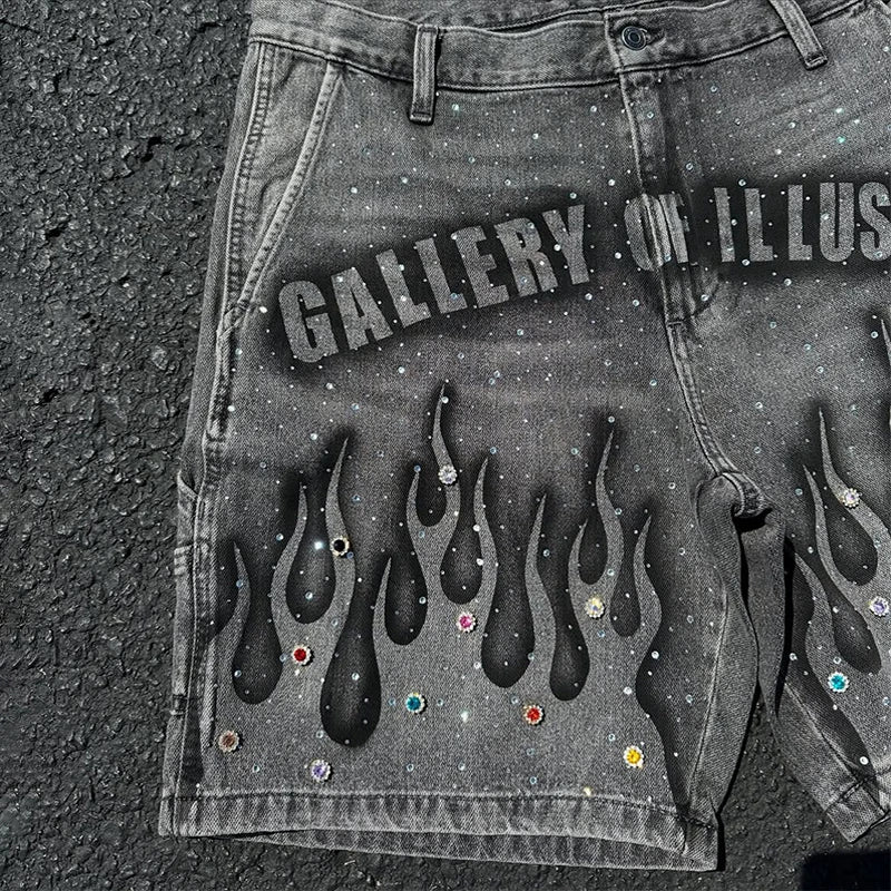 Y2K Vintage Distressed Flame Pattern Denim Shorts – Rhinestone-Embellished High Waist Streetwear for Men & Women - Image 3