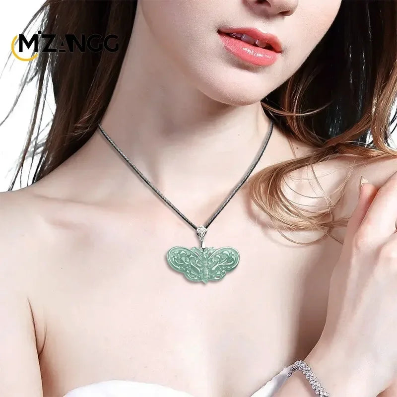 Natural 925 Silver Inlaid Jadeite Butterfly Pendant – Ice Blue Women's Necklace with Hollow Design - Image 5