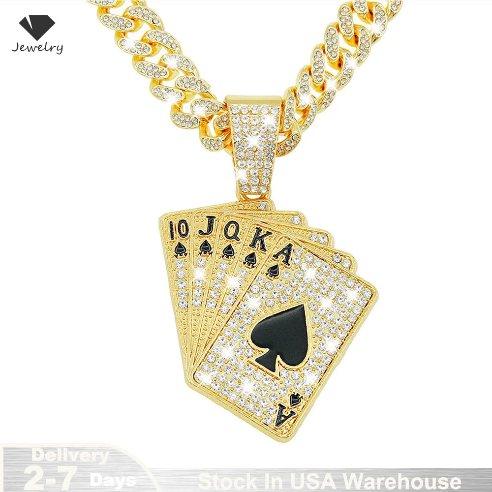 18K Gold Plated Spades Playing Card Necklace – Hip-Hop Iced Out Trend Jewelry for Men
