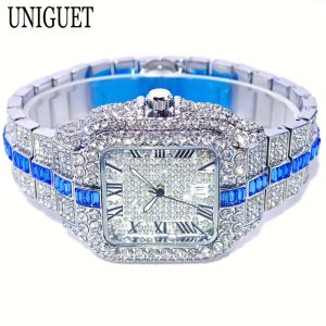 UNIGUET Full Diamond Iced-Out Watch – Square Quartz Hip Hop Wristwatch for Men