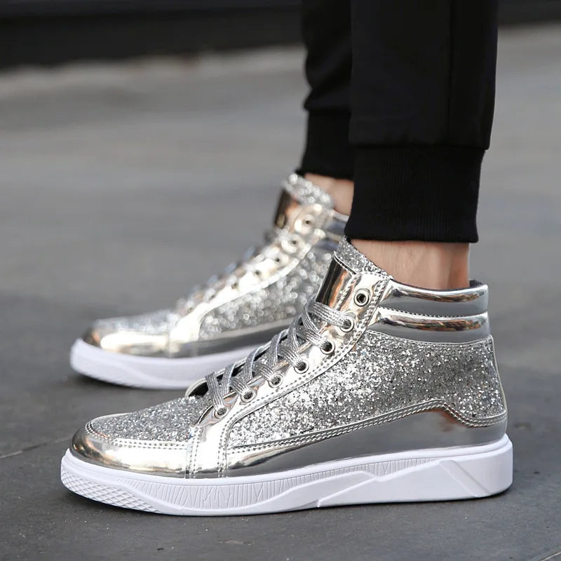 2022 Fashion Men’s High-Top Sneakers – Gold Glitter Streetwear Hip Hop Ankle Boots - Image 4