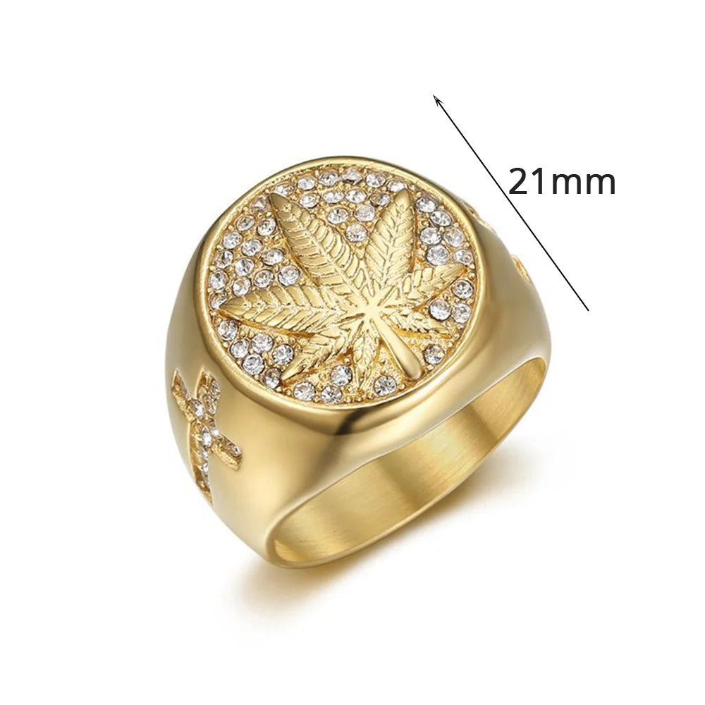 Hip Hop Iced Out Hemp Leaf Ring – Gold Stainless Steel Bling Ring for Men - Image 3
