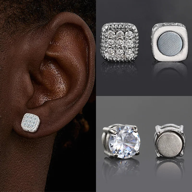 Ice Out Magnetic Fake Earrings – Non-Piercing Hip Hop Rock Jewelry for Men & Women