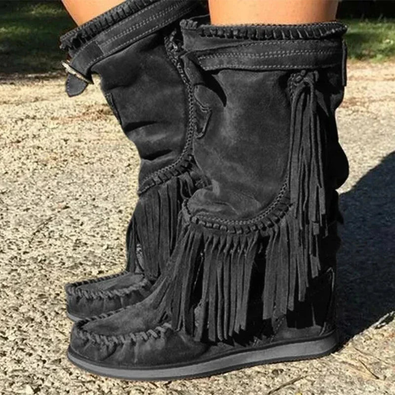 Women’s Pirate Boots – Pleated Tassel Mid-Calf Buckle Leather Boots with High Heels - Image 3