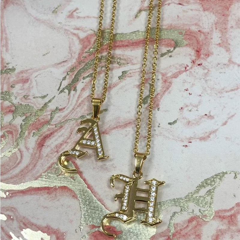 Gothic Zircon Old English Initial Necklace – A–Z Crystal Letter Pendant on Stainless Steel Chain - Image 5