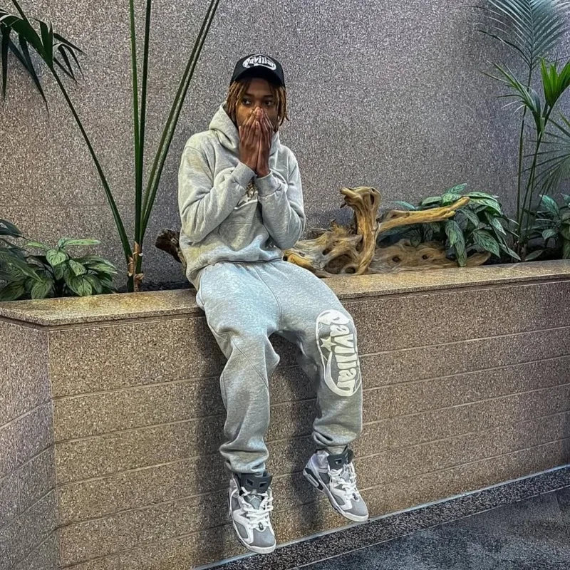 Retro logo pattern printed casual sweatshirt hip-hop gothic couple sportswear set high street trendy and fashionable loose set - Image 4