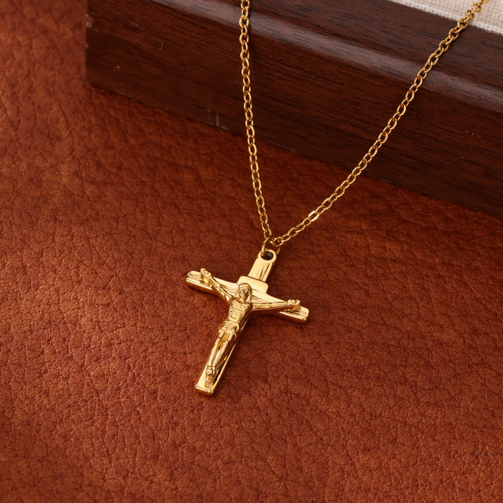 Gold Caravaca Cross Necklace – Stainless Steel Crucifix Choker for Men & Women - Image 2