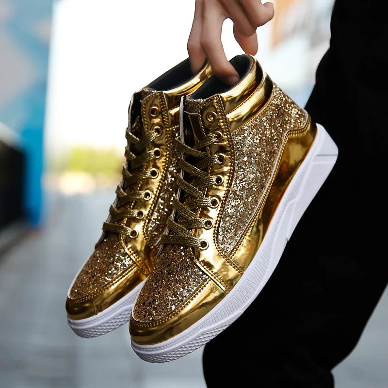 2022 Fashion Men’s High-Top Sneakers – Gold Glitter Streetwear Hip Hop Ankle Boots
