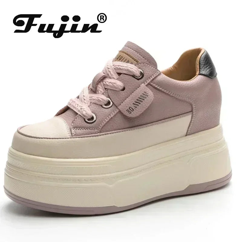 Fujin 9cm Platform Wedge Vulcanized Shoes – Cow Suede Genuine Leather Women’s Casual Summer Heels