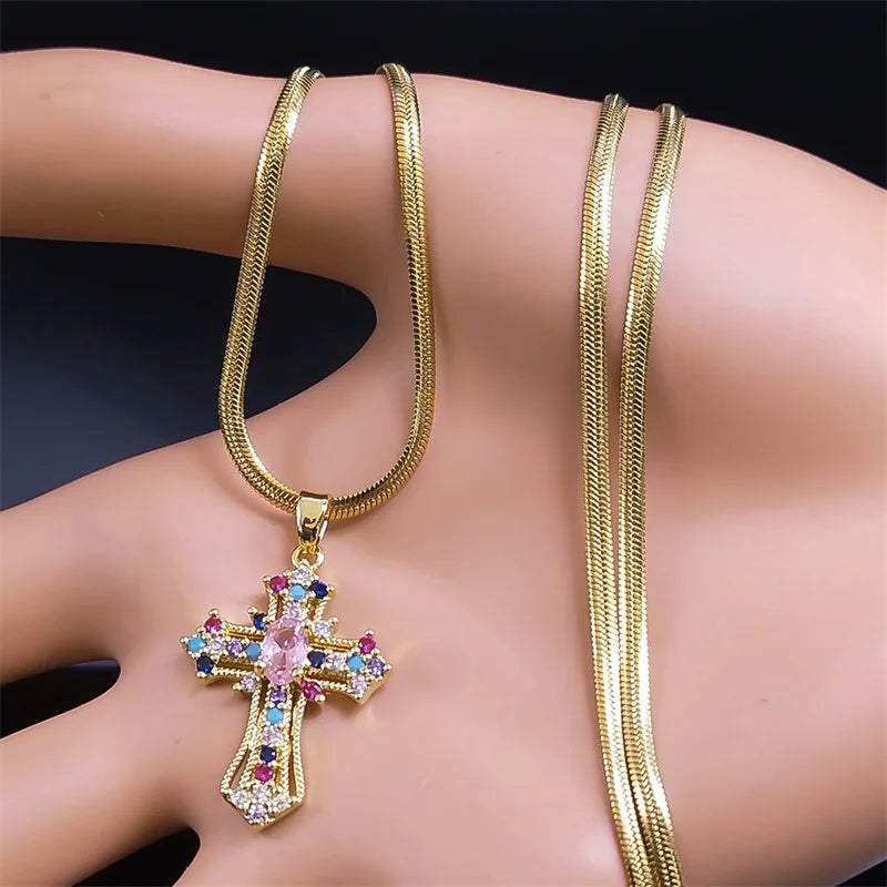 Vintage Shiny Zircon Jesus Cross Necklace - Image 4
