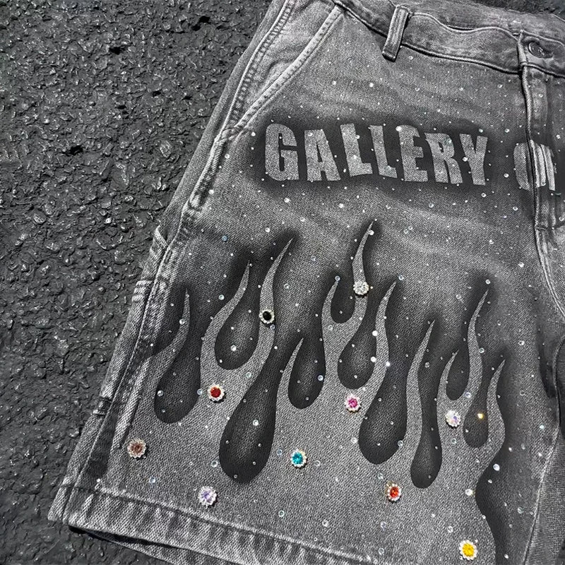 Y2K Vintage Distressed Flame Pattern Denim Shorts – Rhinestone-Embellished High Waist Streetwear for Men & Women - Image 2